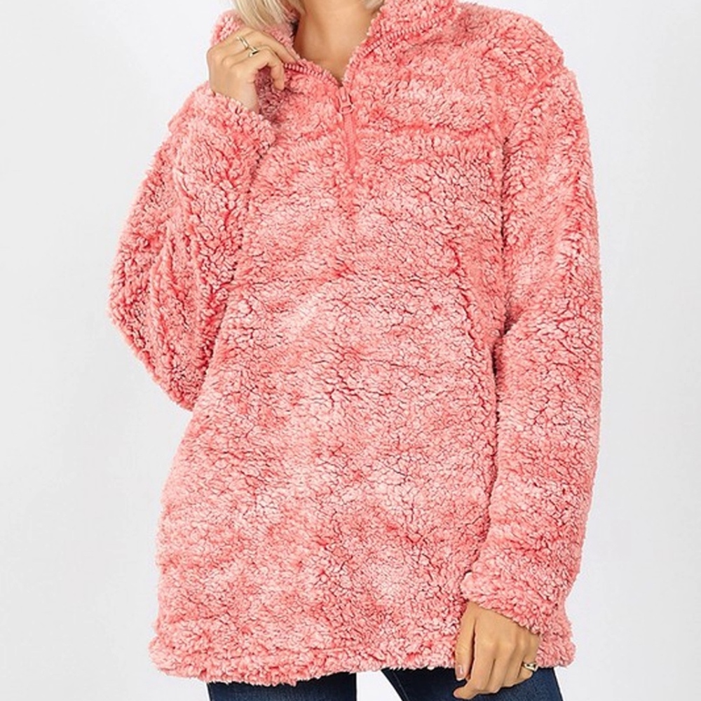 UNIQUE DYED SOFT SHERPA HALF ZIP PULLOVER SIDE POC